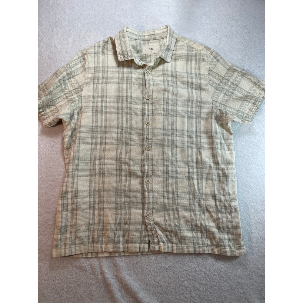 Folk Mens Large Short Sleeve Plaid Button Down Shirt Cream Grey Textured Slub